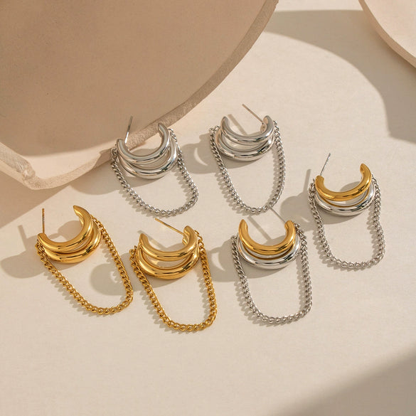 Wholesale Geometric Cshaped Tassel Earrings Stainless Steel 18K Gold Plated For Women