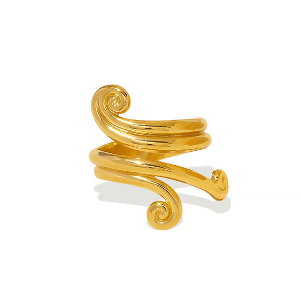 Wholesale Geometric Curved Line Stainless Steel Ring With Open Winding Asymmetric Design And Electroplating