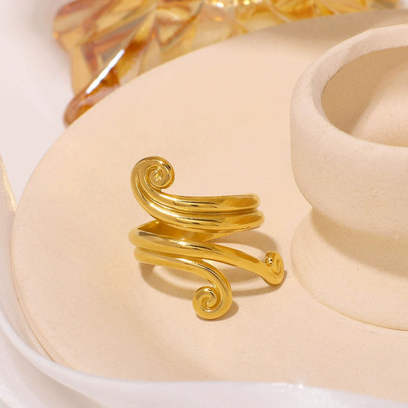 Wholesale Geometric Curved Line Stainless Steel Ring With Open Winding Asymmetric Design And Electroplating