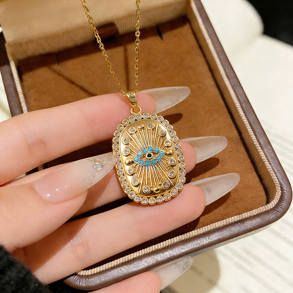 Wholesale Geometric Devil's Eye Pendant Necklace For Women Titanium Steel Oshaped Chain Inlaid With Zircon