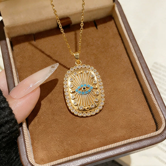 Wholesale Geometric Devil's Eye Pendant Necklace For Women Titanium Steel Oshaped Chain Inlaid With Zircon