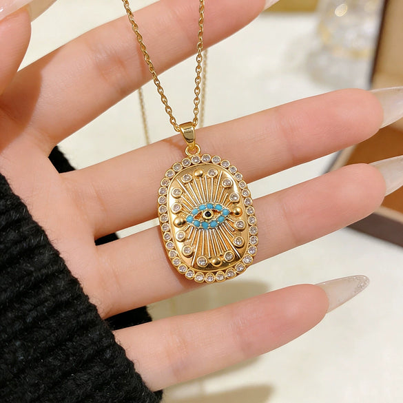 Wholesale Geometric Devil's Eye Pendant Necklace For Women Titanium Steel Oshaped Chain Inlaid With Zircon
