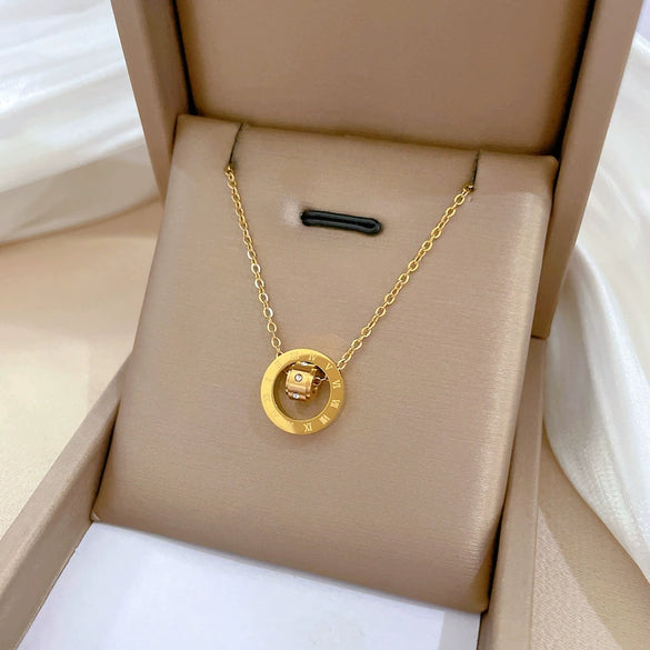 Wholesale Geometric Diamond Design Titanium Steel Rotating Ring Pendant Short Clavicle Chain