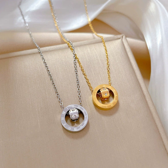Wholesale Geometric Diamond Design Titanium Steel Rotating Ring Pendant Short Clavicle Chain
