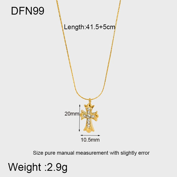 Wholesale Geometric Diamond Encrusted Cross Pendant Stainless Steel 18K Gold Plated Necklace For Women