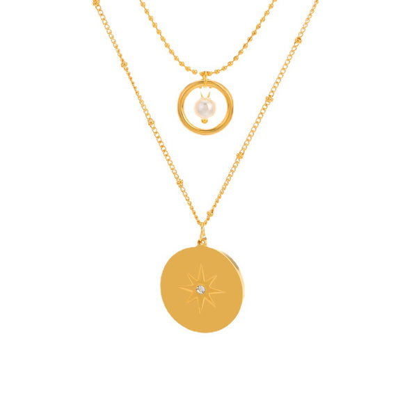 Wholesale Geometric Double Layer Diamond Pendant Stainless Steel And Titanium Steel Necklace For Women With Electroplating Design