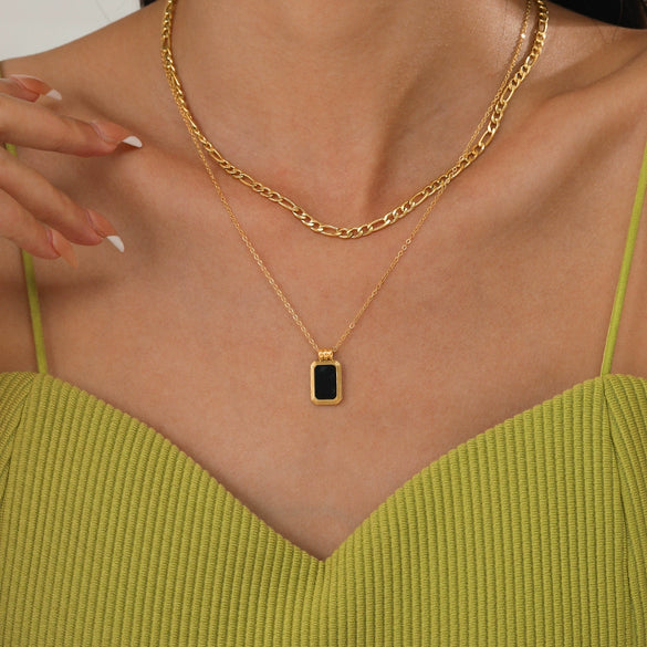 Wholesale Geometric Doublelayer Square Pendant Stainless Steel And Titanium Steel Necklace With Electroplating For Women Cuban Chain