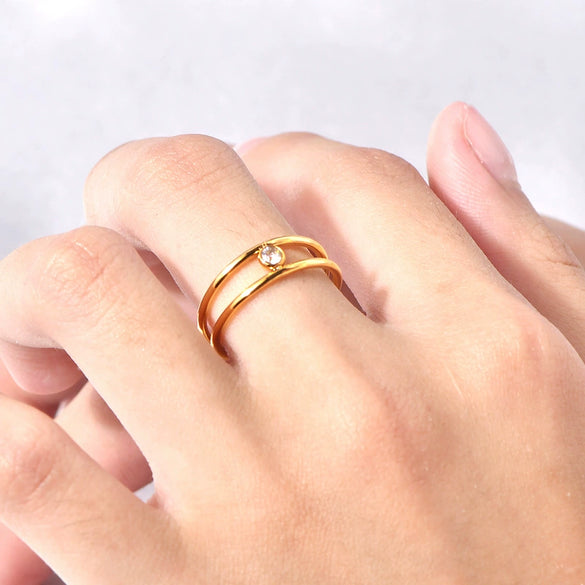 Wholesale Geometric Doublelayer Zircon Ushaped Open Ring For Women Titanium Steel Electroplated