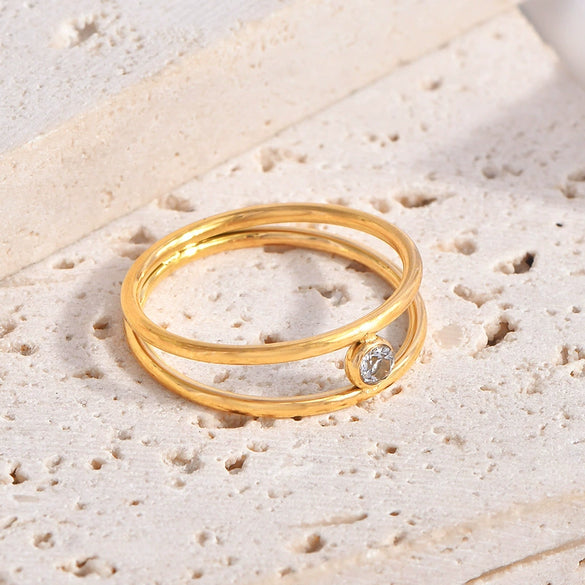Wholesale Geometric Doublelayer Zircon Ushaped Open Ring For Women Titanium Steel Electroplated