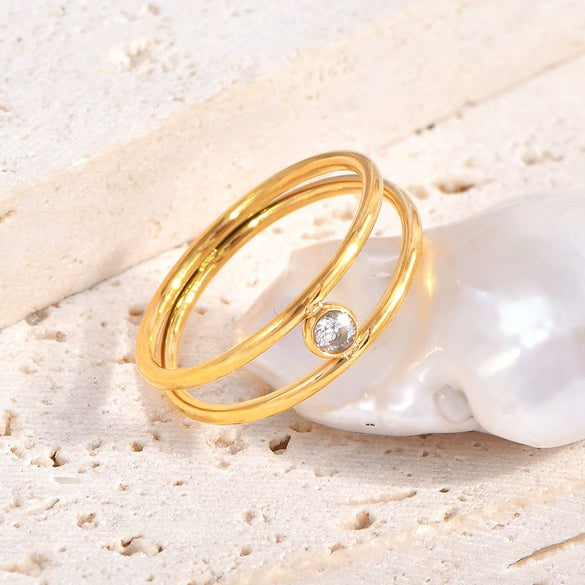 Wholesale Geometric Doublelayer Zircon Ushaped Open Ring For Women Titanium Steel Electroplated