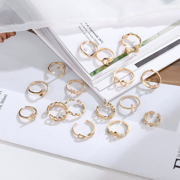 Wholesale Geometric Electroplated Alloy Rose Ring Butterfly Palm Moon Diamond Combination Set For Women