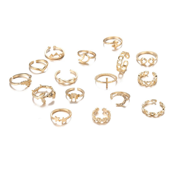 Wholesale Geometric Electroplated Alloy Rose Ring Butterfly Palm Moon Diamond Combination Set For Women