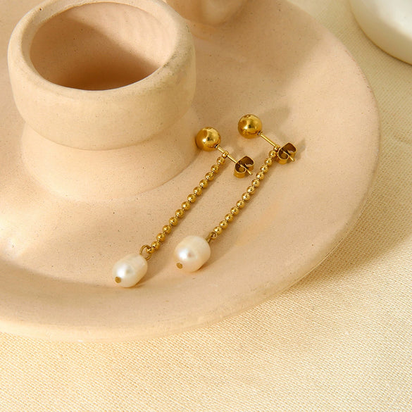 Wholesale Geometric Electroplated Stainless Steel Pearl Chain Tassel Earrings For Women