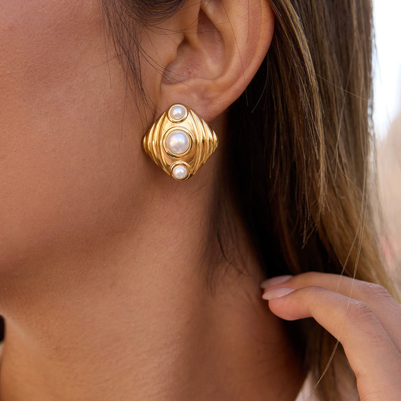 Wholesale Geometric Electroplated Stainless Steel Tiger Eye Stone And Imitation Pearl Earrings For Women