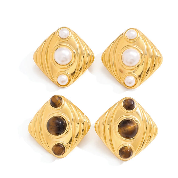 Wholesale Geometric Electroplated Stainless Steel Tiger Eye Stone And Imitation Pearl Earrings For Women