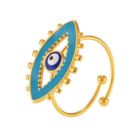 Wholesale Geometric Evil Blue Eye Stainless Steel Enamel Glaze Gold Plated Adjustable Ring For Unisex
