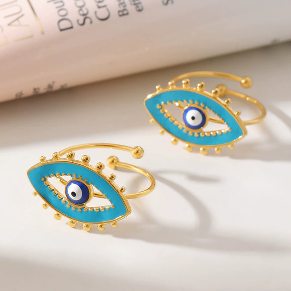 Wholesale Geometric Evil Blue Eye Stainless Steel Enamel Glaze Gold Plated Adjustable Ring For Unisex