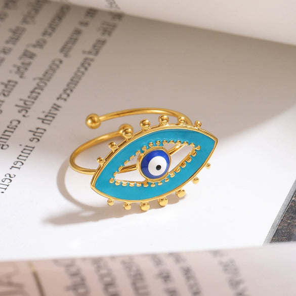 Wholesale Geometric Evil Blue Eye Stainless Steel Enamel Glaze Gold Plated Adjustable Ring For Unisex