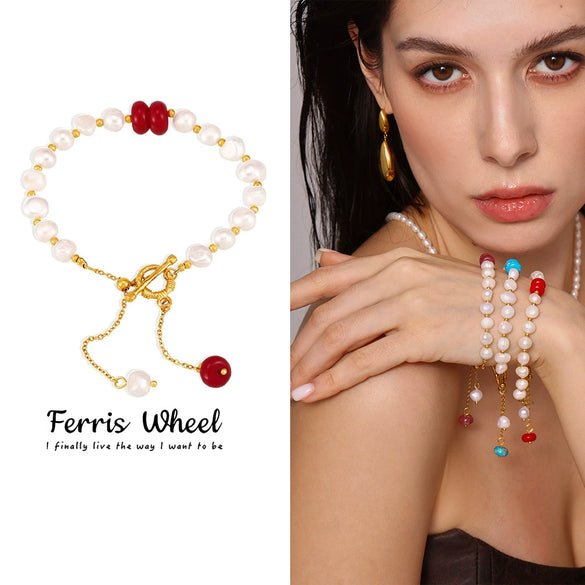 Wholesale Geometric Ferris Wheel Electroplated Stainless Steel And Freshwater Pearl Bracelet For Unisex