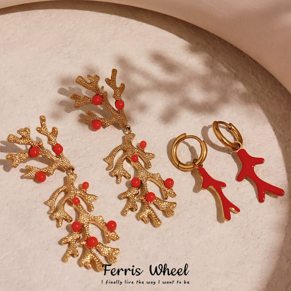 Wholesale Geometric Ferris Wheel Exaggerated Elegant Red Coral Oil Drop Enamel Glaze Stainless Steel 18K Gold Plated Earrings For Women And Men