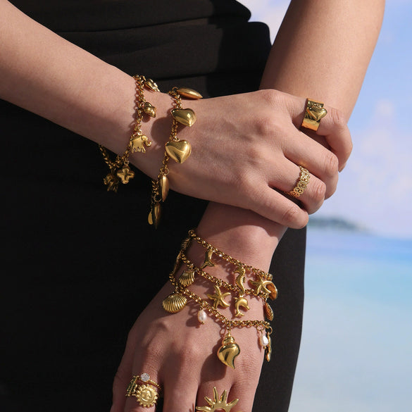 Wholesale Geometric Ferris Wheel Natural Freshwater Pearl Conch Shell Electroplated Stainless Steel Bracelet Anklet For Women