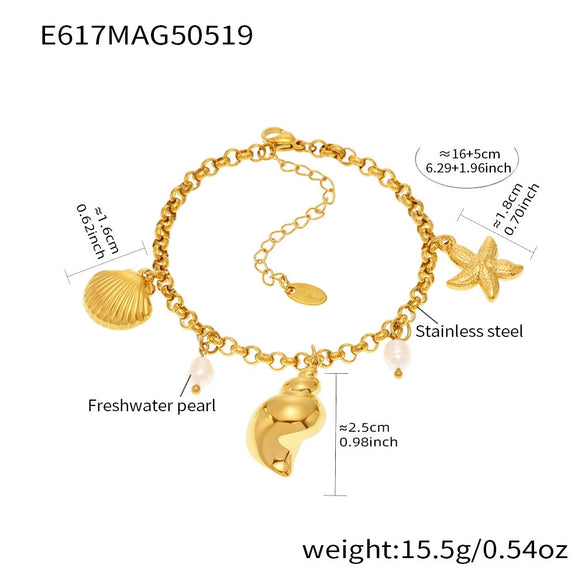 Wholesale Geometric Ferris Wheel Natural Freshwater Pearl Conch Shell Electroplated Stainless Steel Bracelet Anklet For Women