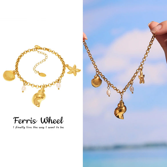 Wholesale Geometric Ferris Wheel Natural Freshwater Pearl Conch Shell Electroplated Stainless Steel Bracelet Anklet For Women