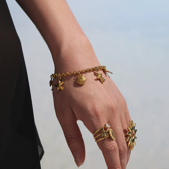 Wholesale Geometric Ferris Wheel Natural Freshwater Pearl Conch Shell Electroplated Stainless Steel Bracelet Anklet For Women