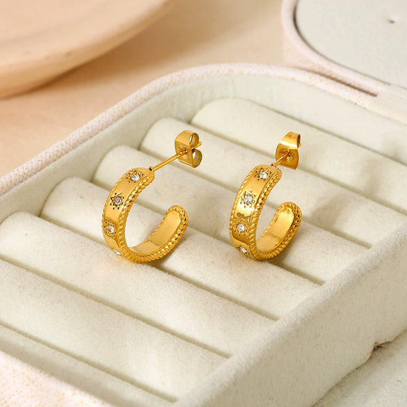 Wholesale Geometric Fivepointed Star Cshaped 18K Gold Plated Stainless Steel Earrings For Women