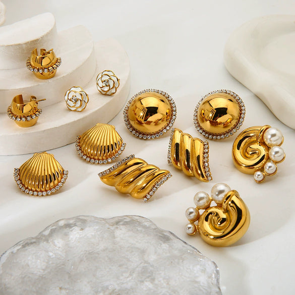 Wholesale Geometric Flower Shell Stainless Steel Earrings With Diamonds 18K Gold Plated For Women