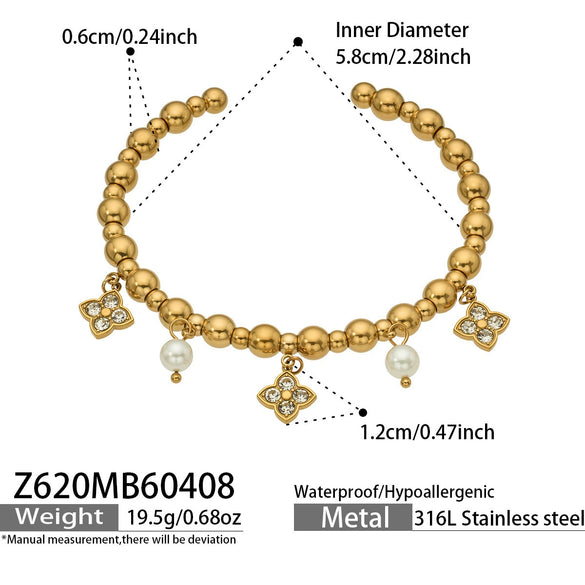 Wholesale Geometric Fourleaf Clover Zircon Pearl Stainless Steel Electroplated 18K Gold Bracelet