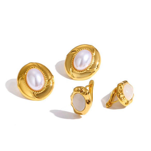 Wholesale Geometric French Retro Style Vacuum Real Gold Plated Stainless Steel Earrings With Pearls And Natural Stones For Women