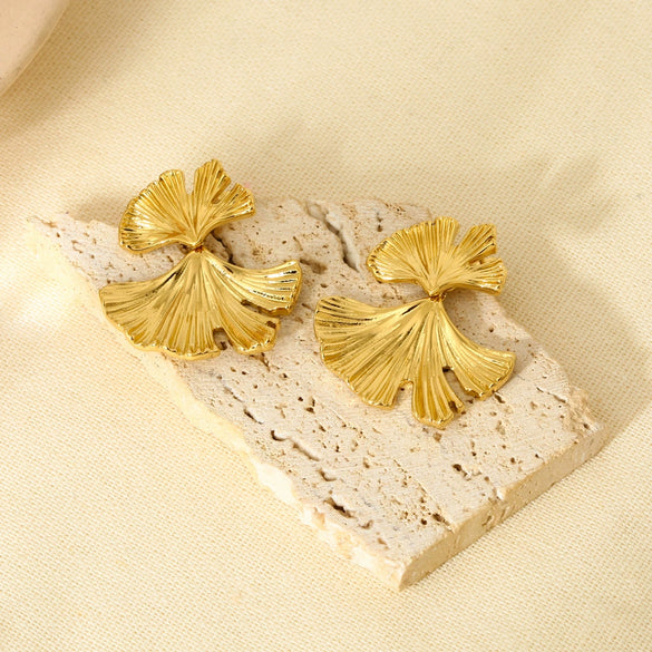 Wholesale Geometric Ginkgo Leaf Stainless Steel 16K Gold Plated Earrings For Women