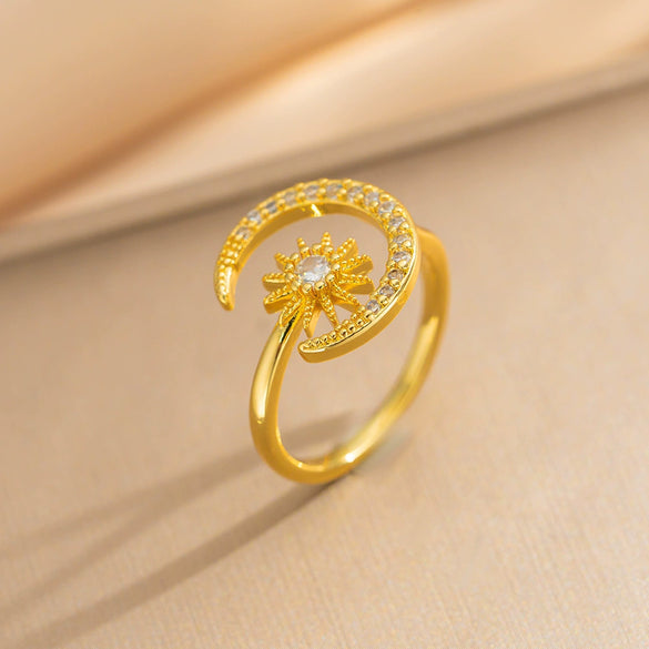 Wholesale Geometric Gold Plated Copper Sun And Moon Adjustable Open Zircon Ring For Women