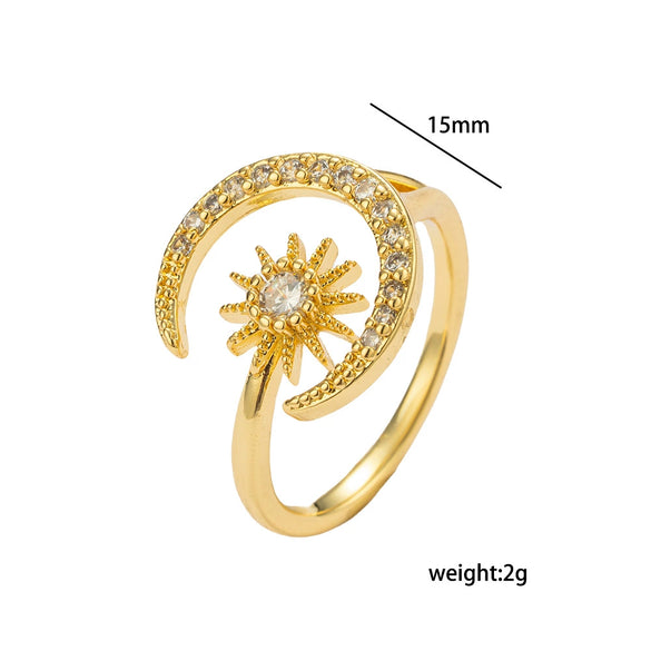 Wholesale Geometric Gold Plated Copper Sun And Moon Adjustable Open Zircon Ring For Women