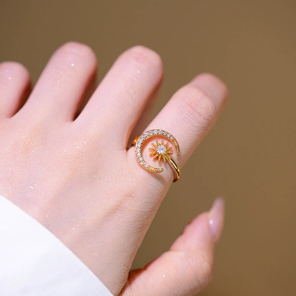 Wholesale Geometric Gold Plated Copper Sun And Moon Adjustable Open Zircon Ring For Women