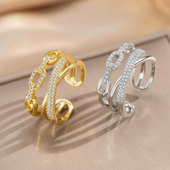 Wholesale Geometric Gold Plated Environmentally Friendly Copper Ring With Zirconia Chain For Women