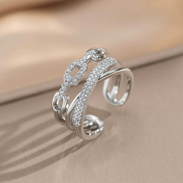 Wholesale Geometric Gold Plated Environmentally Friendly Copper Ring With Zirconia Chain For Women