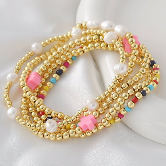 Wholesale Geometric Goldplated Copper Handmade Beaded Bracelet Set Unisex