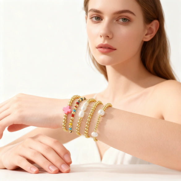 Wholesale Geometric Goldplated Copper Handmade Beaded Bracelet Set Unisex