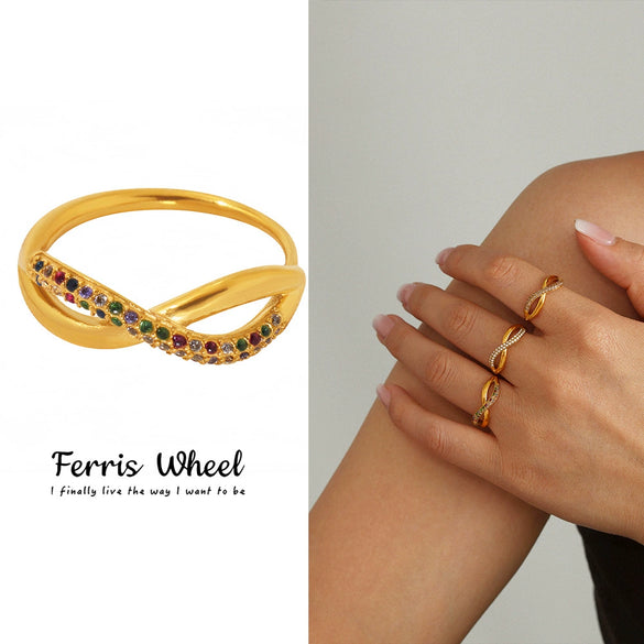 Wholesale Geometric Goldplated Stainless Steel And Zircon Micro Inlay Adjustable Ring For Unisex