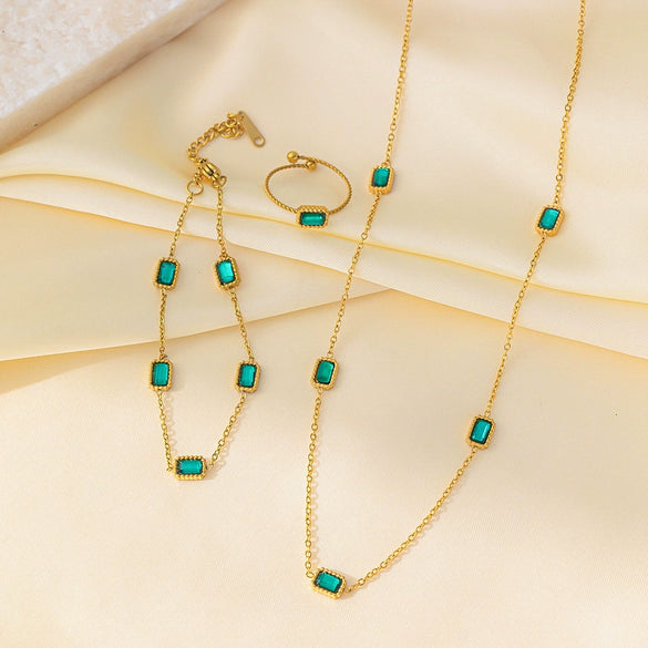 Wholesale Geometric Green Zircon Stainless Steel And Titanium Steel Jewelry Set For Women Including Necklace Earrings Bracelet And Ring With Electroplating