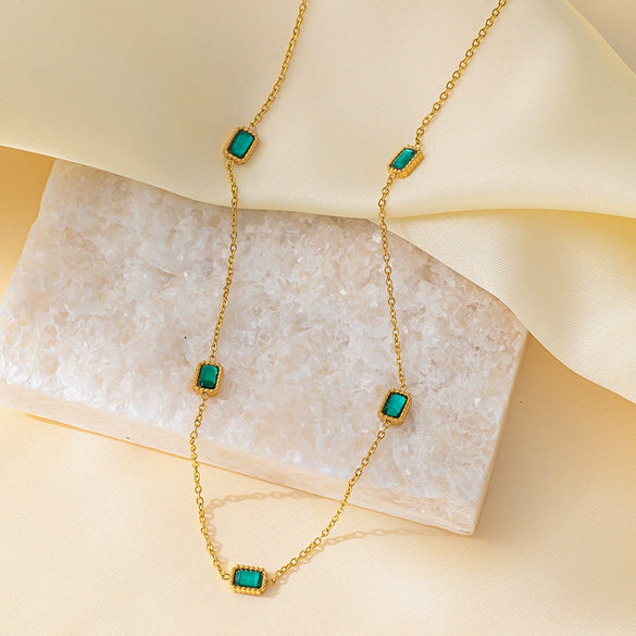 Wholesale Geometric Green Zircon Stainless Steel And Titanium Steel Jewelry Set For Women Including Necklace Earrings Bracelet And Ring With Electroplating