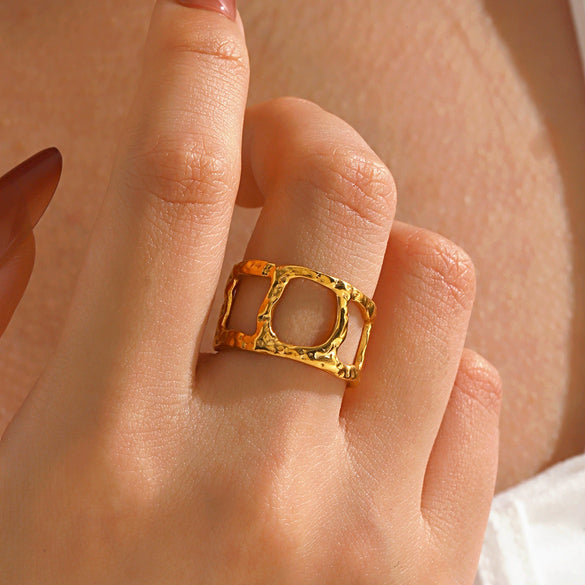 Wholesale Geometric Hammered Open Ring Stainless Steel 18K Goldplated For Women