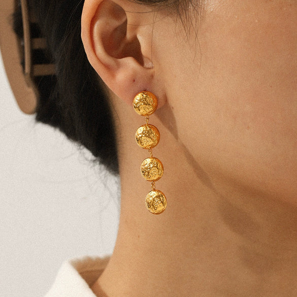 Wholesale Geometric Hammered Pattern 18K Gold Electroplated Stainless Steel Tassel Earrings For Women
