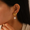 Wholesale Geometric Heart Freshwater Pearl Pendant Stainless Steel 18K Gold Electroplated Earrings For Women