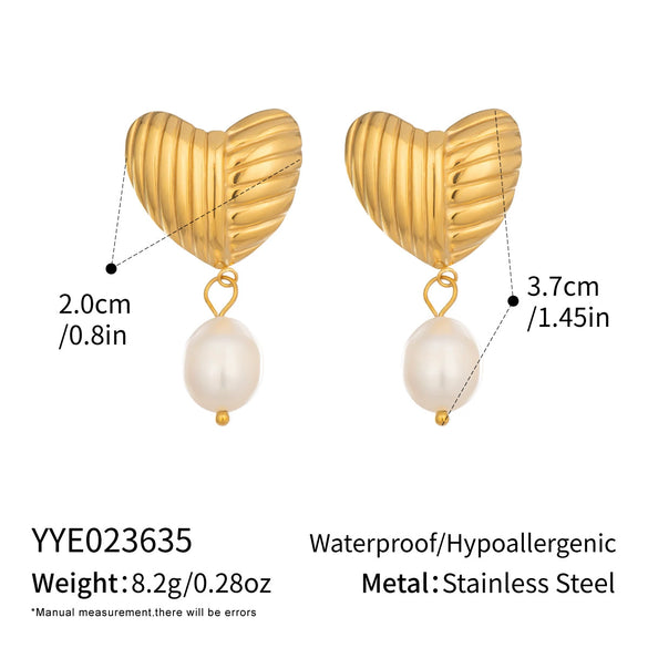 Wholesale Geometric Heart Freshwater Pearl Pendant Stainless Steel 18K Gold Electroplated Earrings For Women