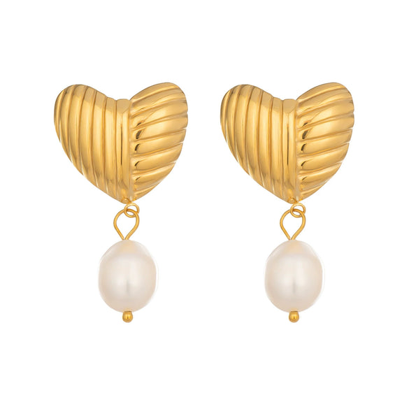 Wholesale Geometric Heart Freshwater Pearl Pendant Stainless Steel 18K Gold Electroplated Earrings For Women
