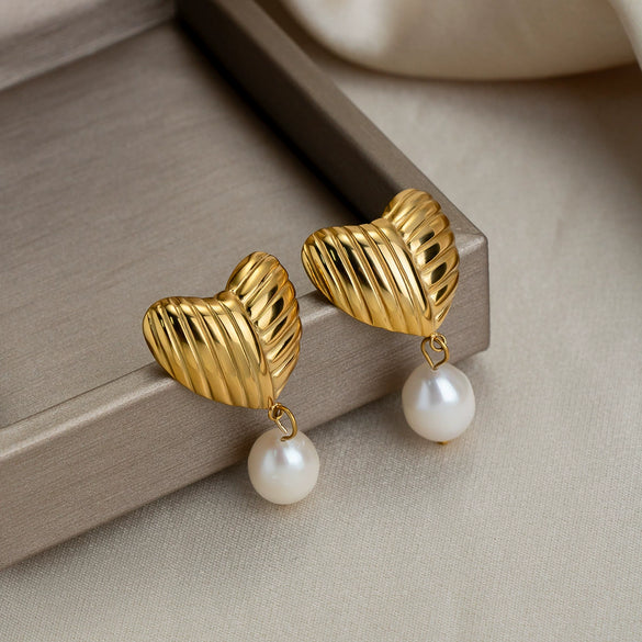 Wholesale Geometric Heart Freshwater Pearl Pendant Stainless Steel 18K Gold Electroplated Earrings For Women