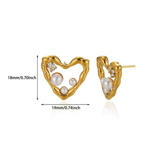 Wholesale Geometric Heart Shaped Zircon Pearl Earrings Gold Plated Stainless Steel Unisex